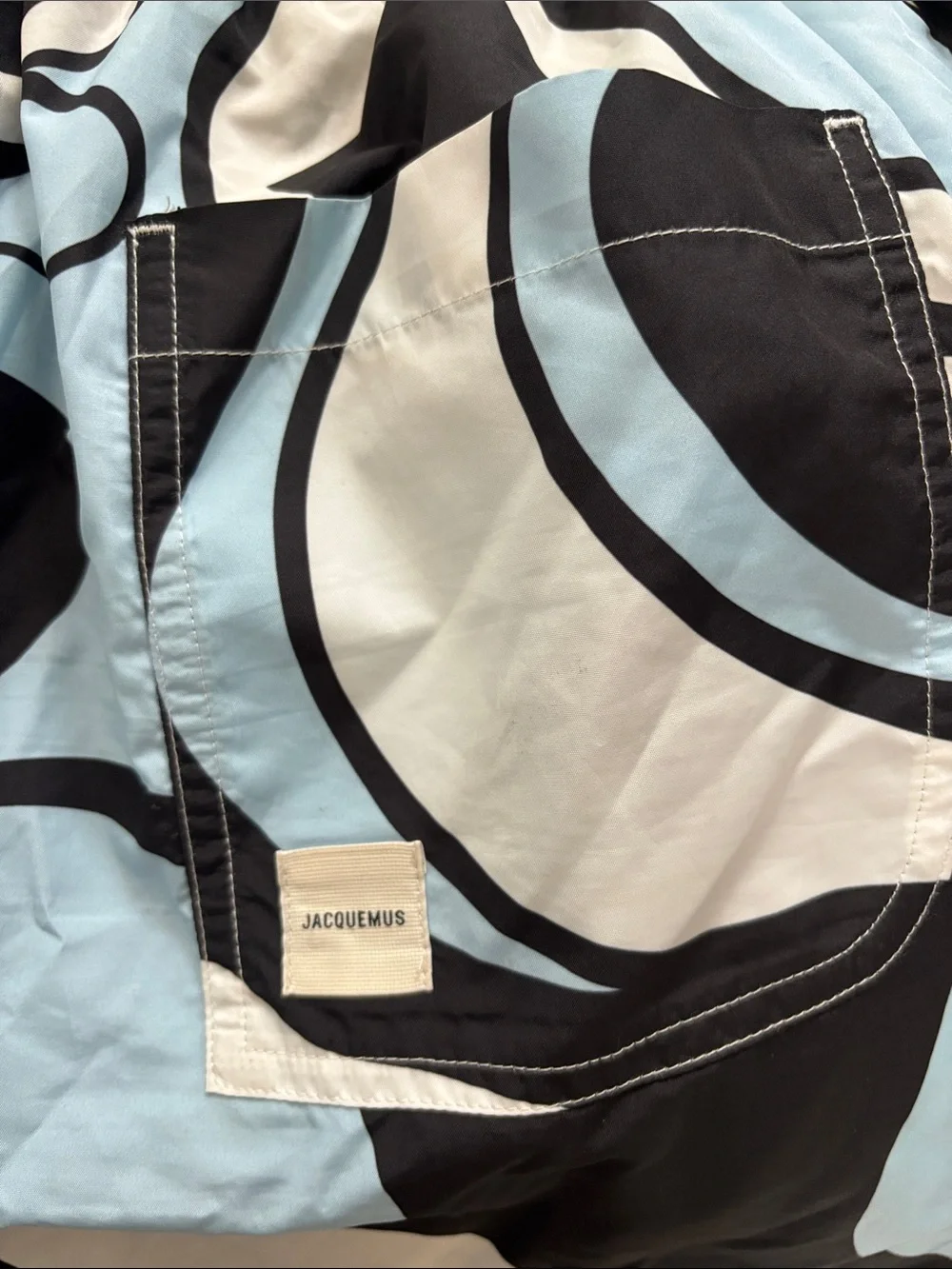 Jacquemus Light Blue Black and Cream Wave-Print Swim Trunks